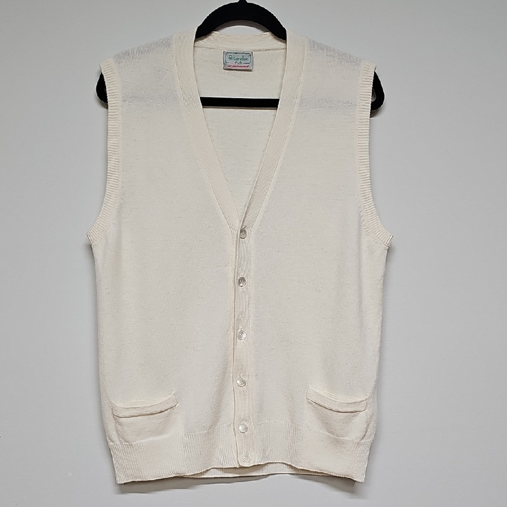 Vtg United Colors Of Benetton Wool Vneck Cardigan Vest, Cream, Size 50